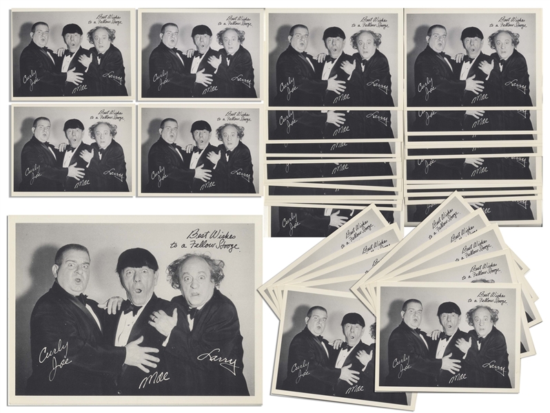 Moe Howard's Lot of 91 Semi-Glossy Photos With The Three Stooges Printed Signatures, Circa 1960s -- Each Measures 7'' x 5.25'' -- Near Fine Condition